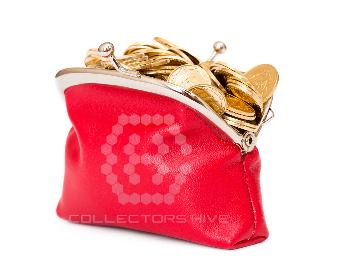 Red purse full of gold coins on a white