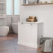 JYHOME Double Tilt Out Trash Cabinet White Free Standing Laundry Sorter Cabinet with Removable Two-Compartment Tilt-Out Hamper Clothes Basket